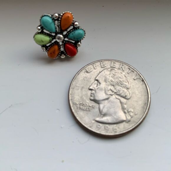 Zuni Cluster Style Studs - Turquoise Tone Western Flower Earrings - Picture 8 of 9